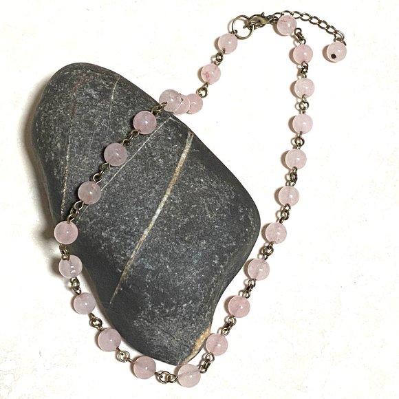 Natural Pink Rose Quartz Stackable Necklace, Genuine Gemstone + Bronze Chain - Picture 3 of 10